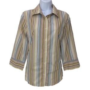 Pastel Stripe Button Shirt Women 16W 3/4 Sleeve Stretch Coastal Preppy